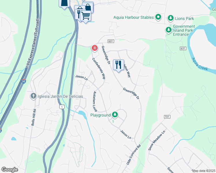 map of restaurants, bars, coffee shops, grocery stores, and more near 4 Knoxville Court in Stafford