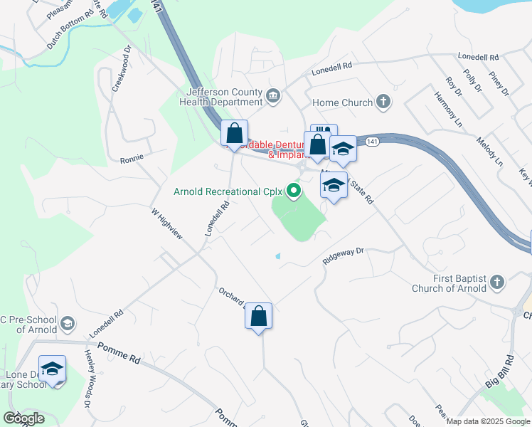map of restaurants, bars, coffee shops, grocery stores, and more near 1720 Dixon Drive in Arnold