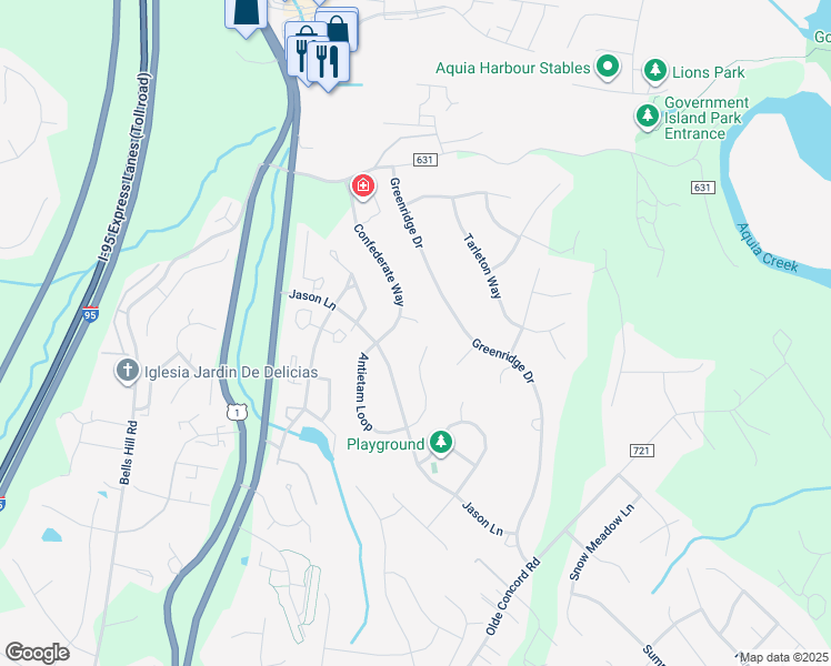 map of restaurants, bars, coffee shops, grocery stores, and more near 4 Knoxville Court in Stafford