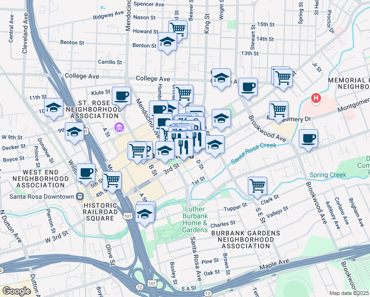map of restaurants, bars, coffee shops, grocery stores, and more near 637 3rd Street in Santa Rosa