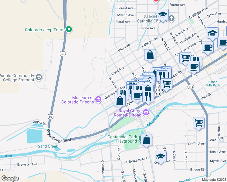 map of restaurants, bars, coffee shops, grocery stores, and more near 221 Greenwood Avenue in Cañon City
