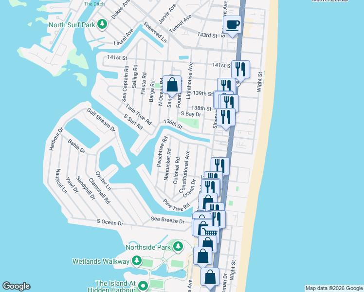map of restaurants, bars, coffee shops, grocery stores, and more near 13328 Constitutional Avenue in Ocean City