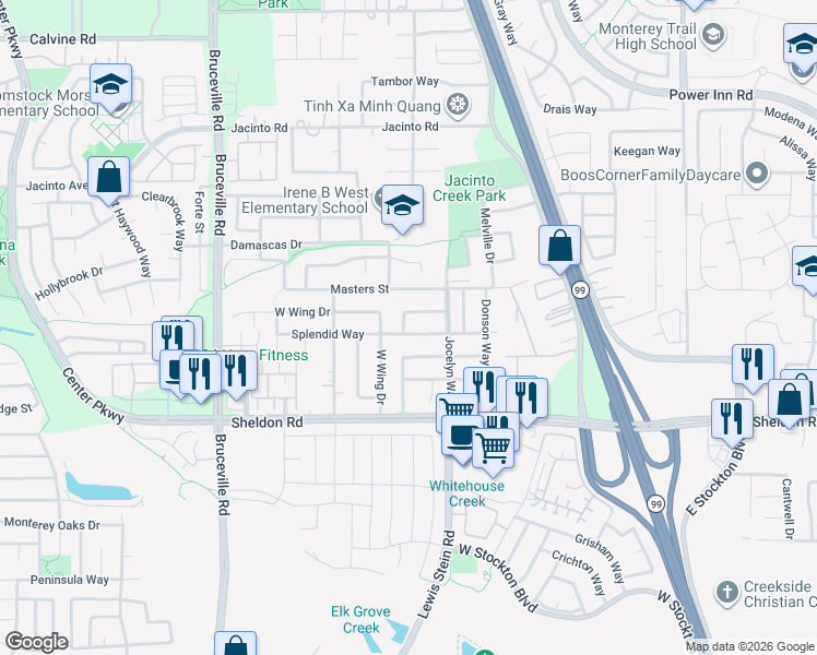 map of restaurants, bars, coffee shops, grocery stores, and more near 7719 Splendid Way in Elk Grove