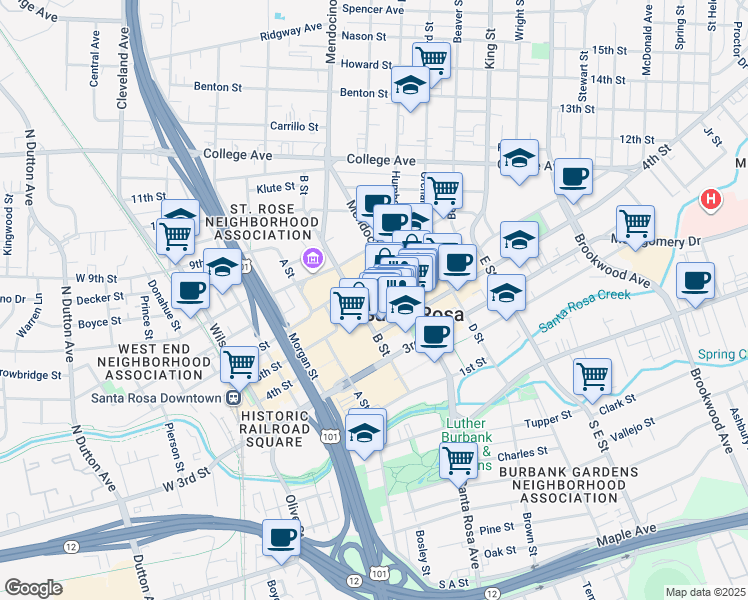 map of restaurants, bars, coffee shops, grocery stores, and more near 1350 S Eliseo Dr in Santa Rosa