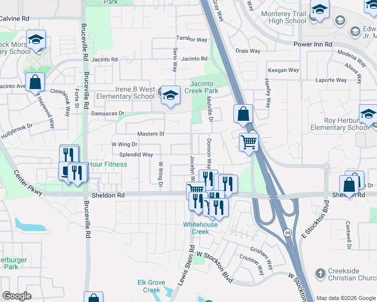 map of restaurants, bars, coffee shops, grocery stores, and more near 7800 Splendid Way in Elk Grove