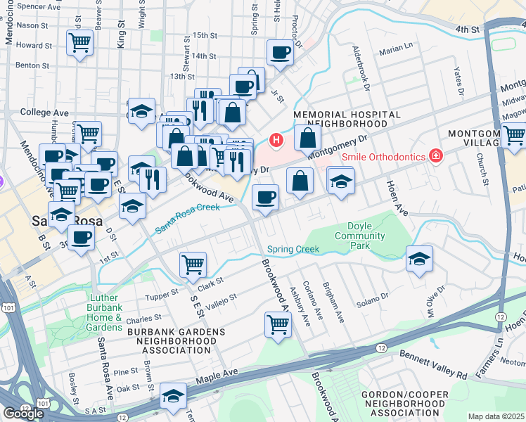 map of restaurants, bars, coffee shops, grocery stores, and more near 1000 Sonoma Avenue in Santa Rosa
