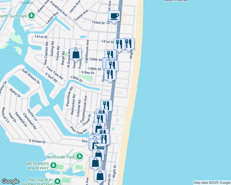 map of restaurants, bars, coffee shops, grocery stores, and more near 10 135th Street in Ocean City