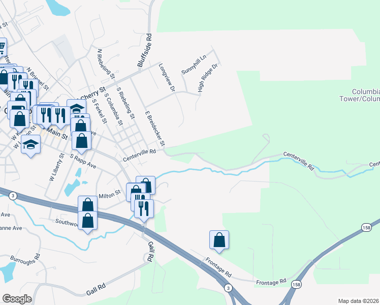 map of restaurants, bars, coffee shops, grocery stores, and more near 766 Centerville Road in Columbia