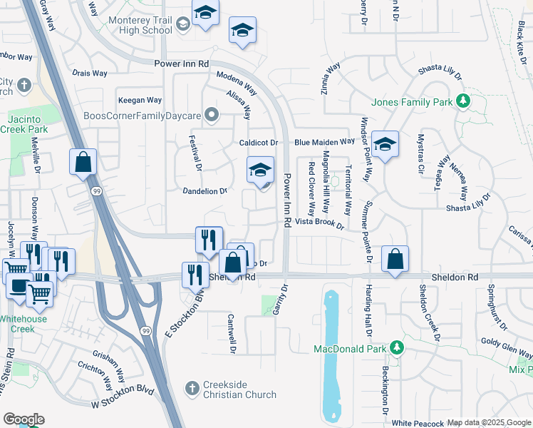 map of restaurants, bars, coffee shops, grocery stores, and more near 8423 Villeneuve Drive in Elk Grove