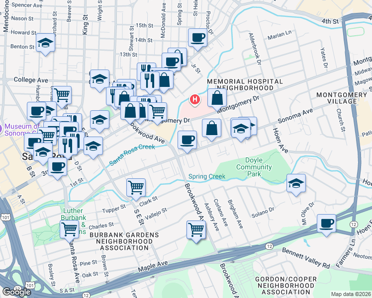 map of restaurants, bars, coffee shops, grocery stores, and more near 1000 Sonoma Avenue in Santa Rosa