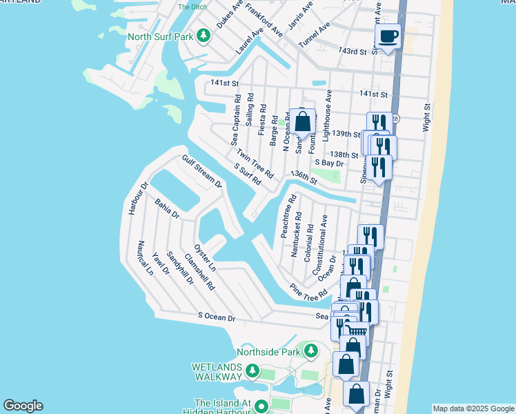 map of restaurants, bars, coffee shops, grocery stores, and more near 13517 Holly Lane in Ocean City