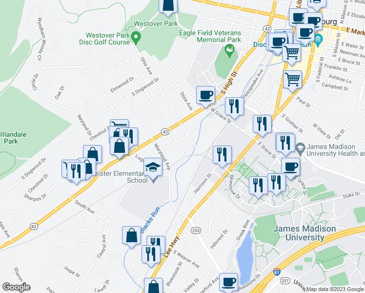 map of restaurants, bars, coffee shops, grocery stores, and more near 132 New York Avenue in Harrisonburg