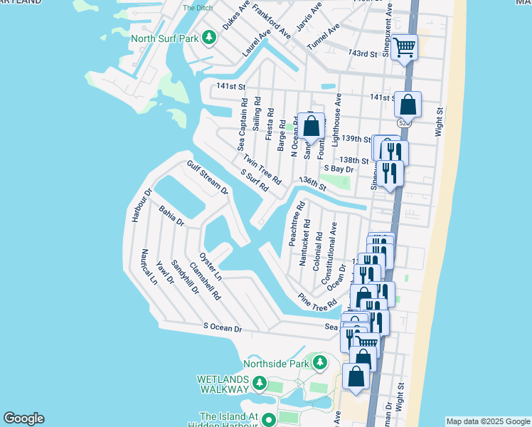 map of restaurants, bars, coffee shops, grocery stores, and more near 13519 Holly Lane in Ocean City