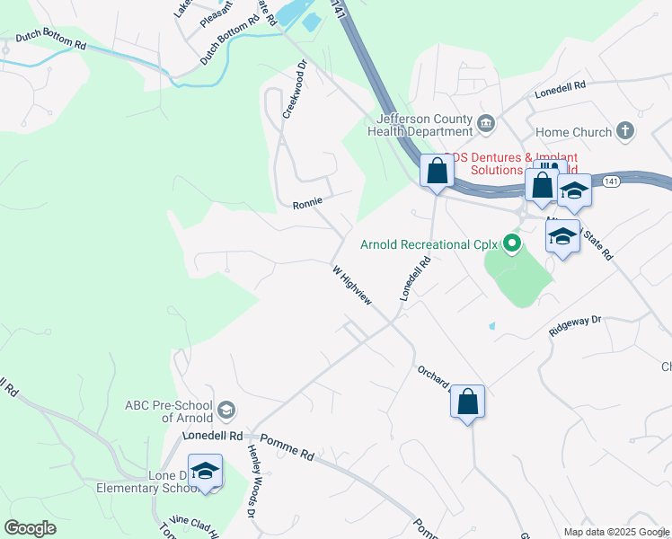 map of restaurants, bars, coffee shops, grocery stores, and more near 1640 West Highview in Arnold