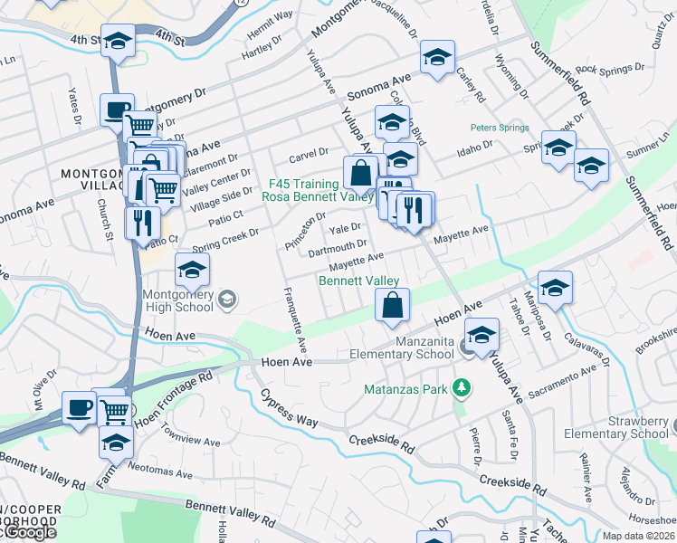 map of restaurants, bars, coffee shops, grocery stores, and more near 3460 Mayette Avenue in Santa Rosa
