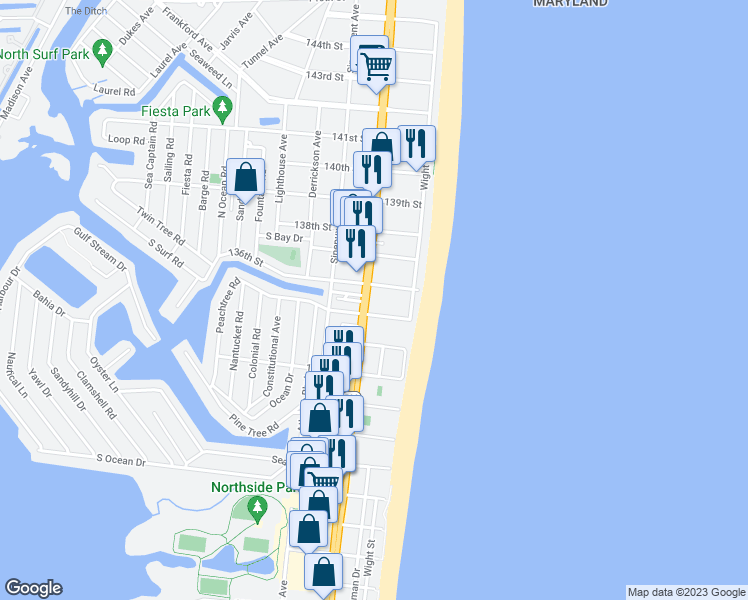 map of restaurants, bars, coffee shops, grocery stores, and more near 10 135th Street in Ocean City