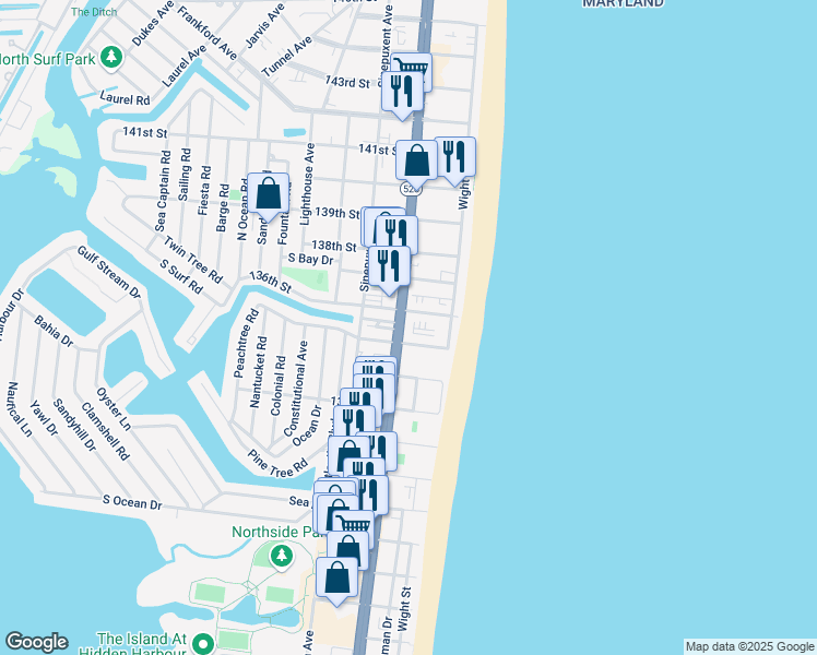 map of restaurants, bars, coffee shops, grocery stores, and more near 13500 Coastal Highway in Ocean City