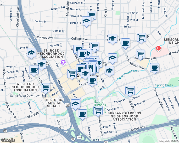map of restaurants, bars, coffee shops, grocery stores, and more near in Santa Rosa