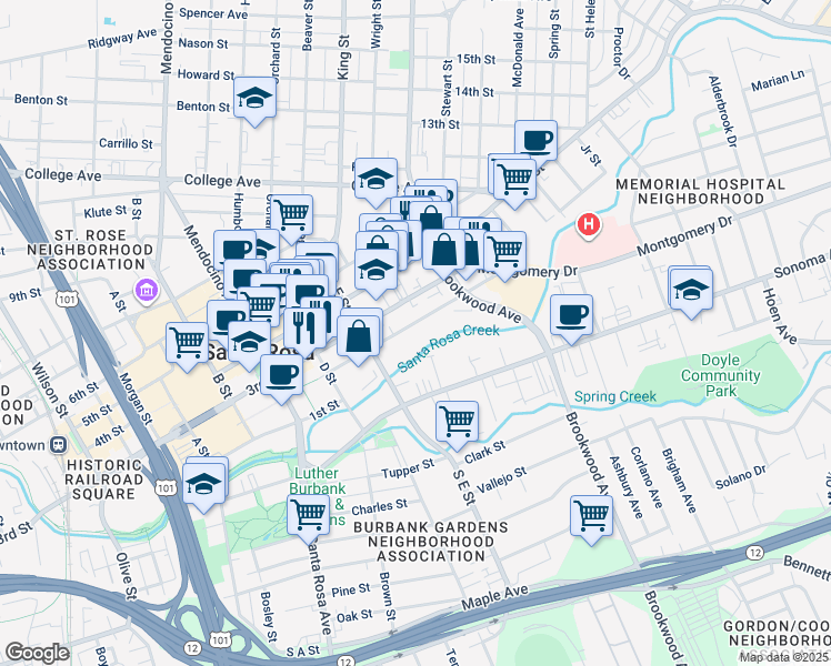 map of restaurants, bars, coffee shops, grocery stores, and more near 864 2nd Street in Santa Rosa