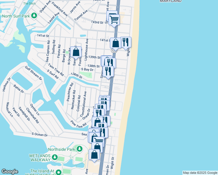 map of restaurants, bars, coffee shops, grocery stores, and more near 103 135th Street in Ocean City