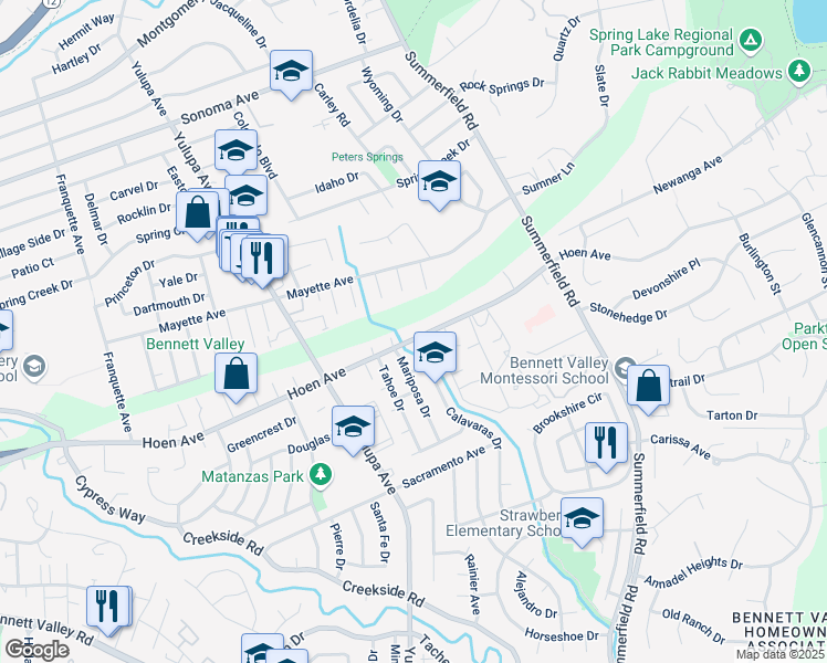 map of restaurants, bars, coffee shops, grocery stores, and more near 1618 Mariposa Drive in Santa Rosa