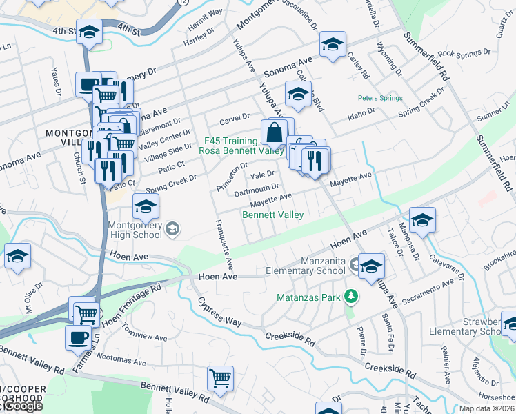 map of restaurants, bars, coffee shops, grocery stores, and more near 1225 Bertha Lane in Santa Rosa