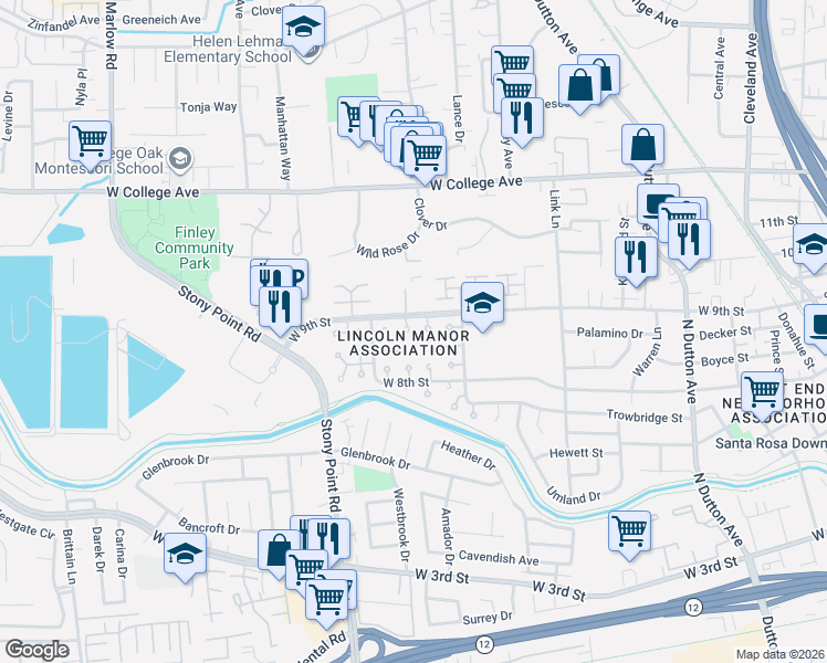 map of restaurants, bars, coffee shops, grocery stores, and more near 651 Simpson Street in Santa Rosa
