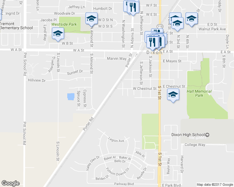 map of restaurants, bars, coffee shops, grocery stores, and more near 555 W Chestnut St in Dixon