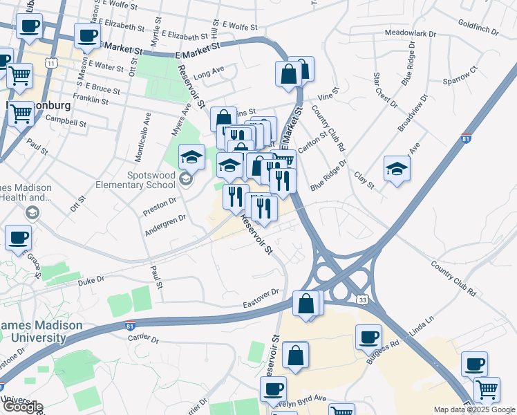 map of restaurants, bars, coffee shops, grocery stores, and more near 833 Cantrell Ave in Harrisonburg