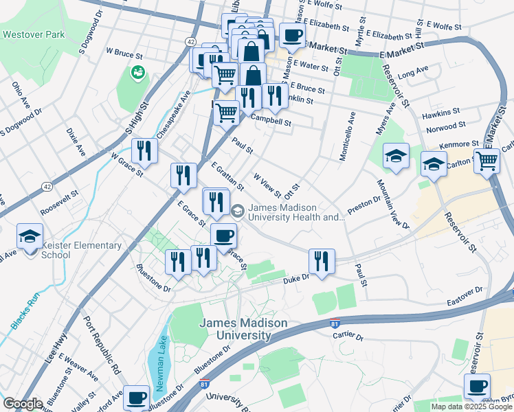 map of restaurants, bars, coffee shops, grocery stores, and more near 261 East Grattan Street in Harrisonburg