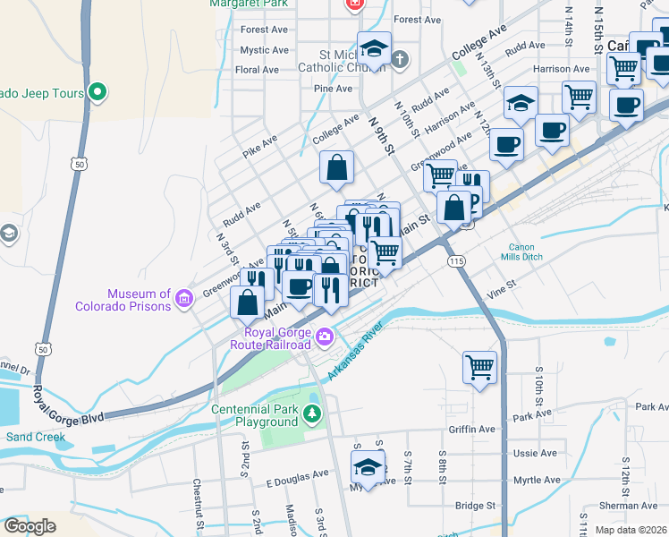 map of restaurants, bars, coffee shops, grocery stores, and more near in Cañon City