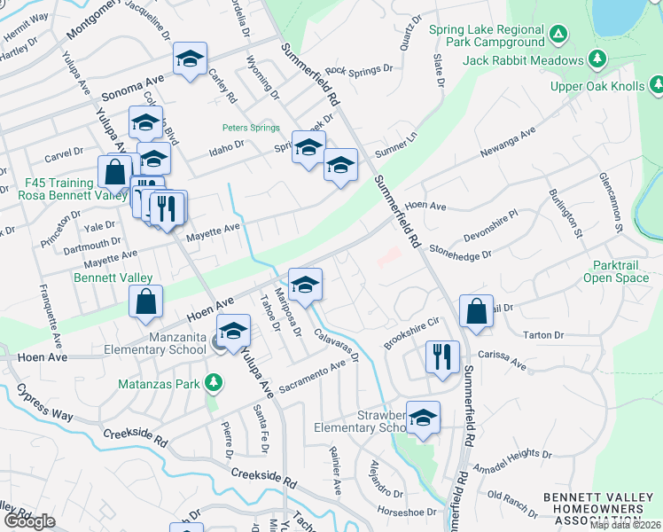 map of restaurants, bars, coffee shops, grocery stores, and more near 1810 Arroyo Sierra Court in Santa Rosa