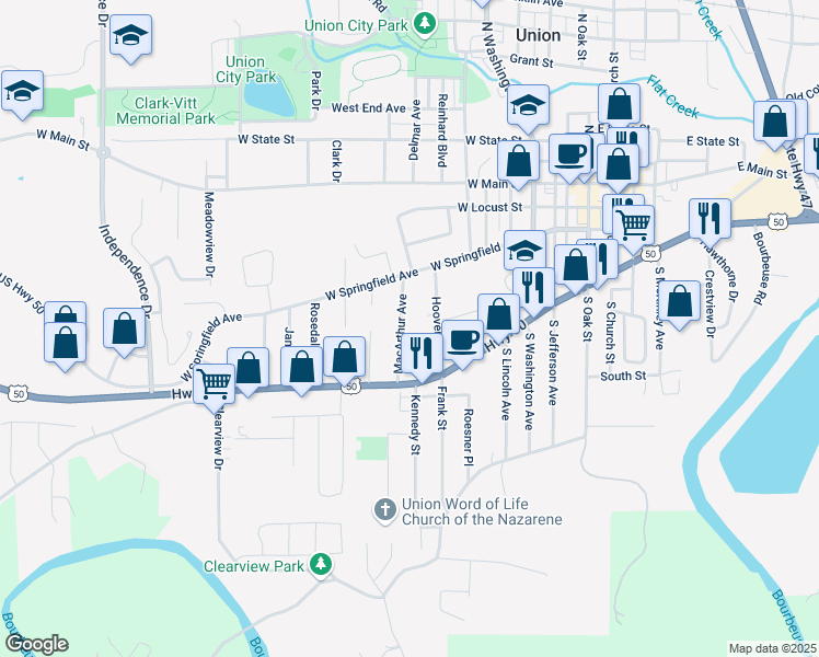 map of restaurants, bars, coffee shops, grocery stores, and more near 425 Macarthur Avenue in Union