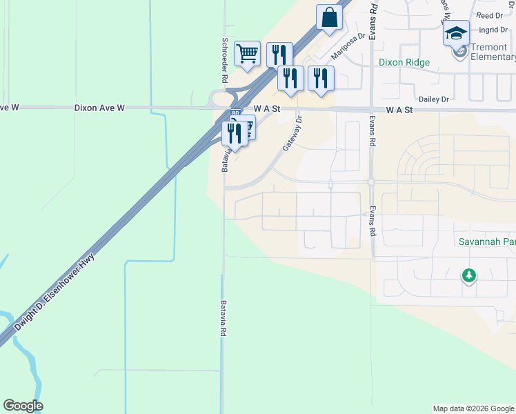 map of restaurants, bars, coffee shops, grocery stores, and more near 7711 George Lane in Dixon