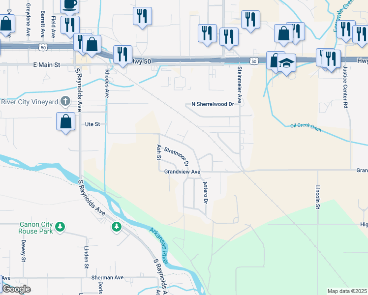 map of restaurants, bars, coffee shops, grocery stores, and more near 3040 Stratmoor Drive in Cañon City