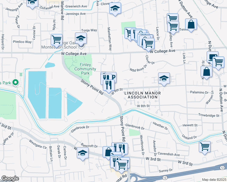 map of restaurants, bars, coffee shops, grocery stores, and more near 120 Stony Point Road in Santa Rosa