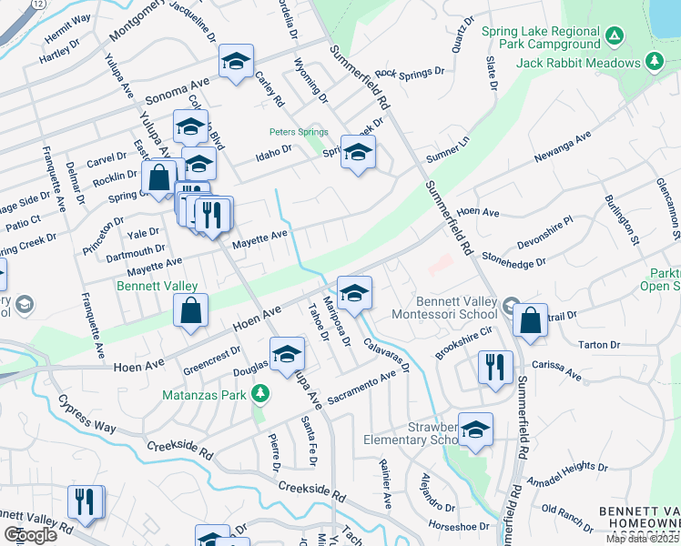 map of restaurants, bars, coffee shops, grocery stores, and more near 1618 Mariposa Drive in Santa Rosa