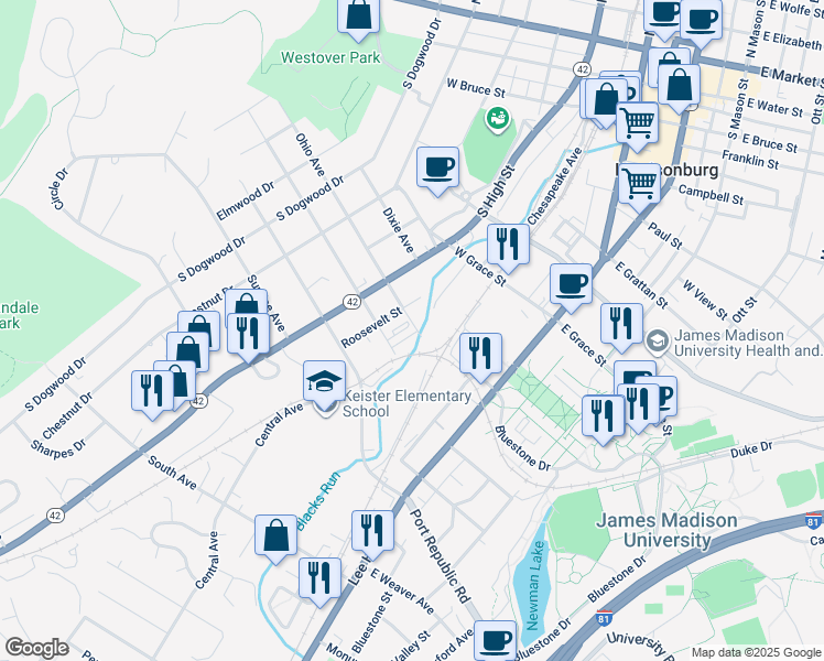 map of restaurants, bars, coffee shops, grocery stores, and more near 119 Ohio Avenue in Harrisonburg