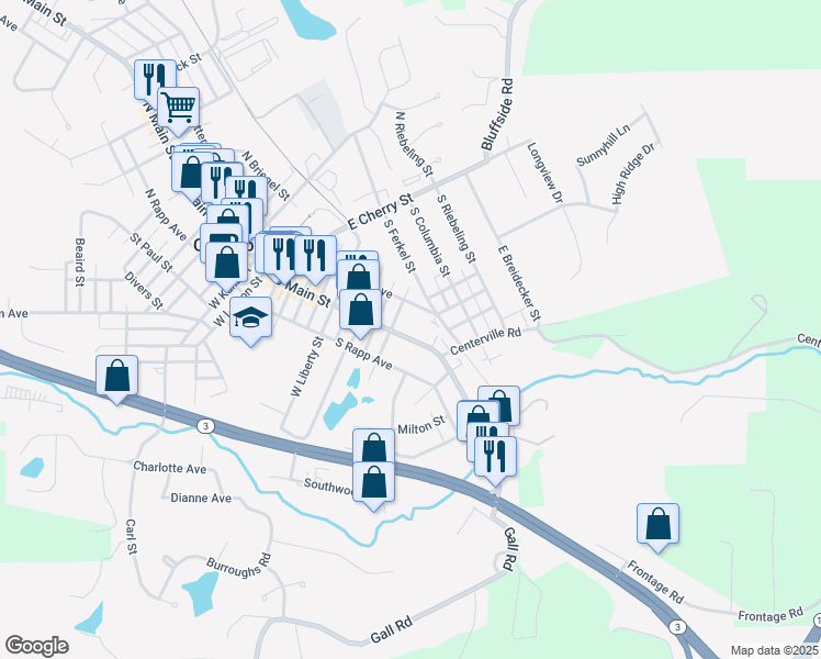 map of restaurants, bars, coffee shops, grocery stores, and more near 538 South Main Street in Columbia