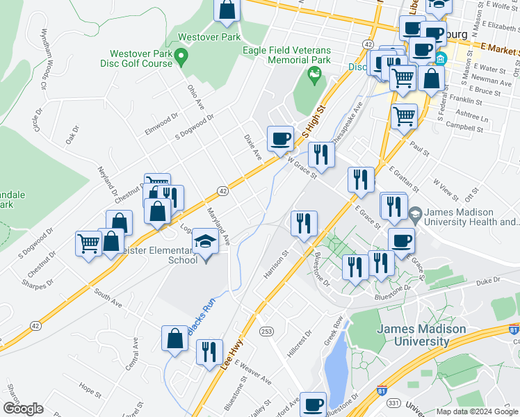 map of restaurants, bars, coffee shops, grocery stores, and more near 131 Ohio Avenue in Harrisonburg