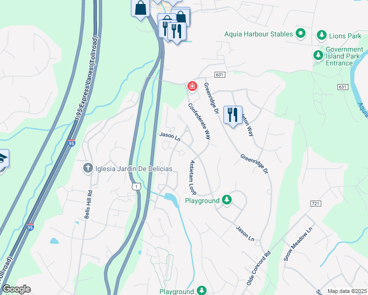 map of restaurants, bars, coffee shops, grocery stores, and more near 408 Malvern Hill Court in Stafford