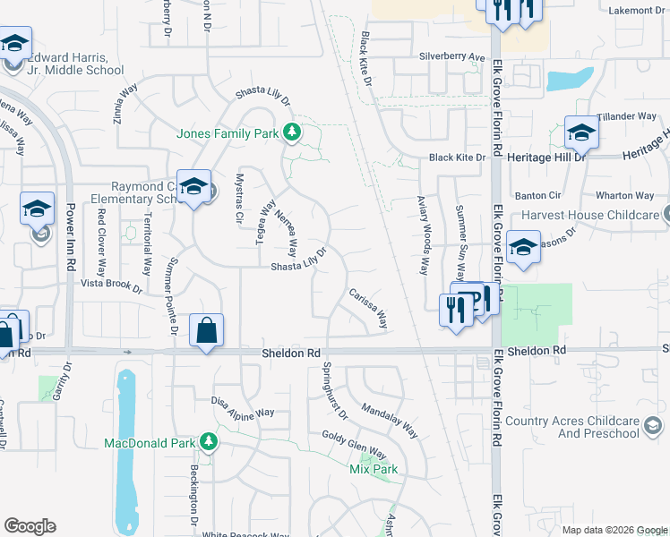 map of restaurants, bars, coffee shops, grocery stores, and more near 8705 Chamomile Court in Elk Grove