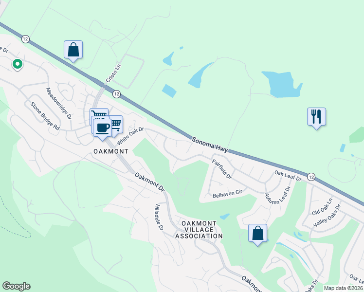 map of restaurants, bars, coffee shops, grocery stores, and more near 6715 Fairfield Drive in Santa Rosa