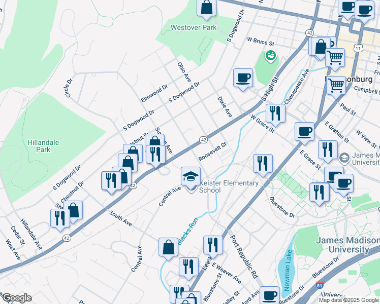 map of restaurants, bars, coffee shops, grocery stores, and more near 804 South High Street in Harrisonburg