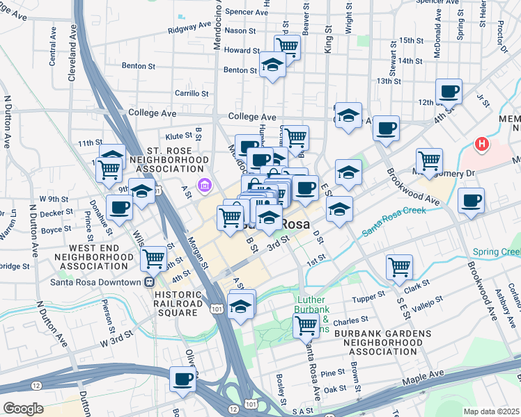 map of restaurants, bars, coffee shops, grocery stores, and more near 1350 S Eliseo Dr in Santa Rosa