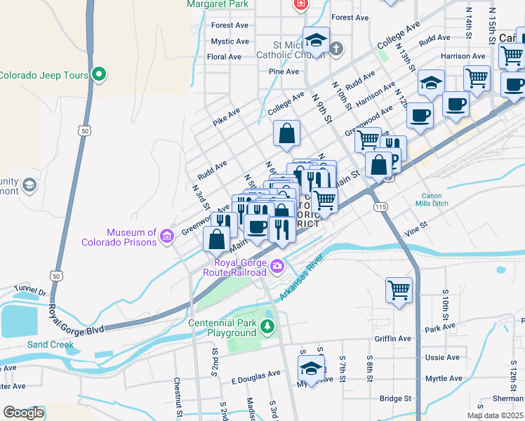 map of restaurants, bars, coffee shops, grocery stores, and more near 117 North 5th Street in Cañon City