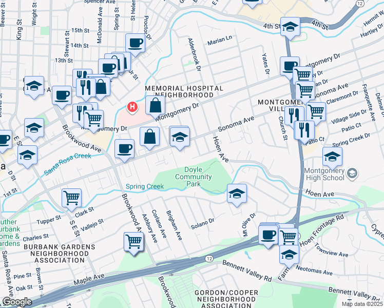 map of restaurants, bars, coffee shops, grocery stores, and more near 1435 Brookside Drive in Santa Rosa