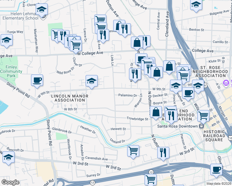 map of restaurants, bars, coffee shops, grocery stores, and more near 737 Palamino Drive in Santa Rosa