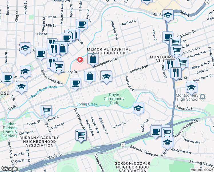 map of restaurants, bars, coffee shops, grocery stores, and more near 1350 Sonoma Avenue in Santa Rosa