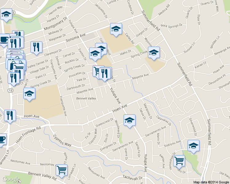 map of restaurants, bars, coffee shops, grocery stores, and more near 1317 Yulupa Avenue in Santa Rosa